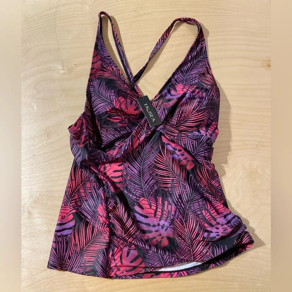 Talisea Pink and Purple Leaf Print Swim Top Large (OO)